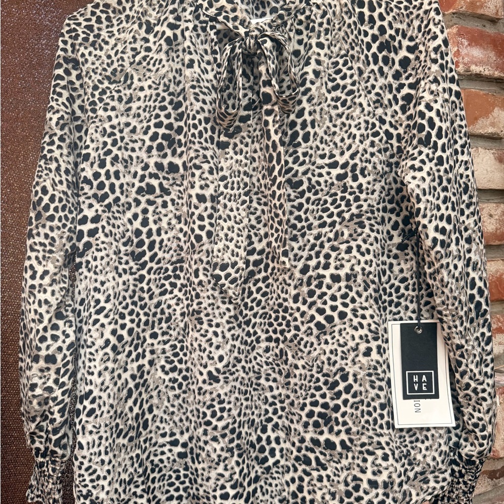 Have Leopard Print Tie-Neck Blouse - Black & Cream
